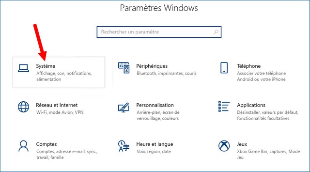 Cliquez sur Système Windows 10