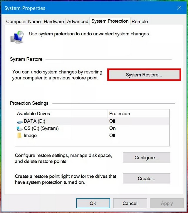 Cliquez sur la Restauration du système