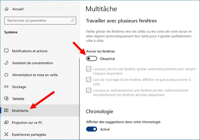 Désactivation Snap Assist