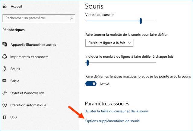 Options supplémentaires de souris