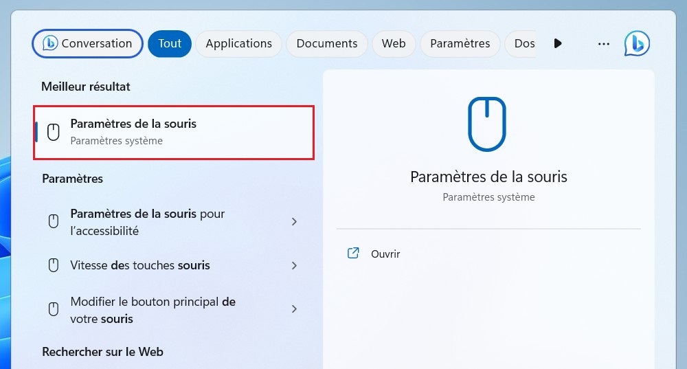 Paramètres de la souris