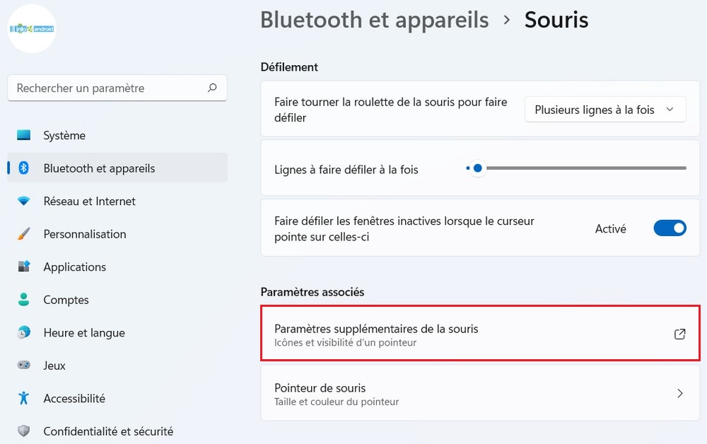 Paramètres supplémentaires de la souris