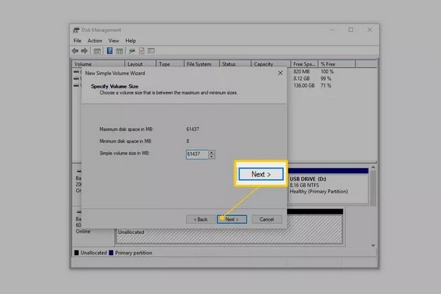 Spécifier la taille du volume