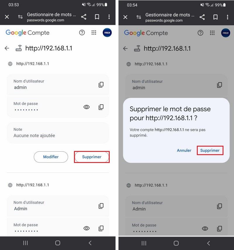 Supprimer des mots de passe enregistrés sur Android