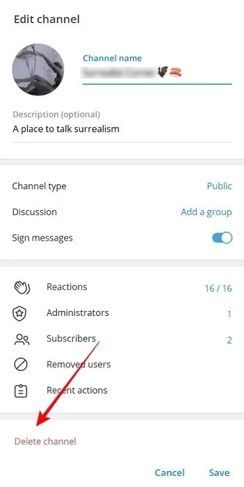 Supprimer un canal Telegram
