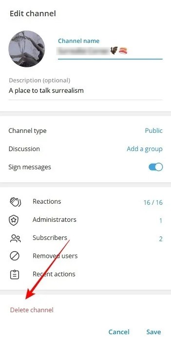 Supprimer un canal Telegram