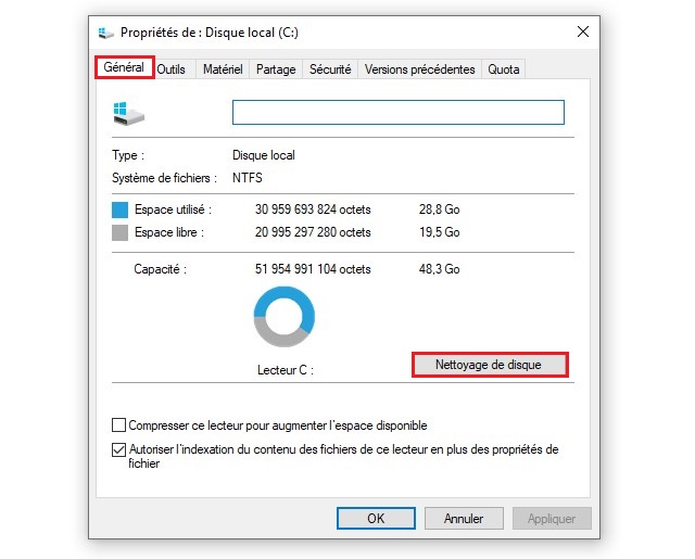 Cliquer sur Nettoyage de disque