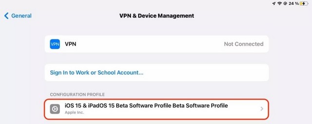 Appuyer sur le profil de configuration iOS 15