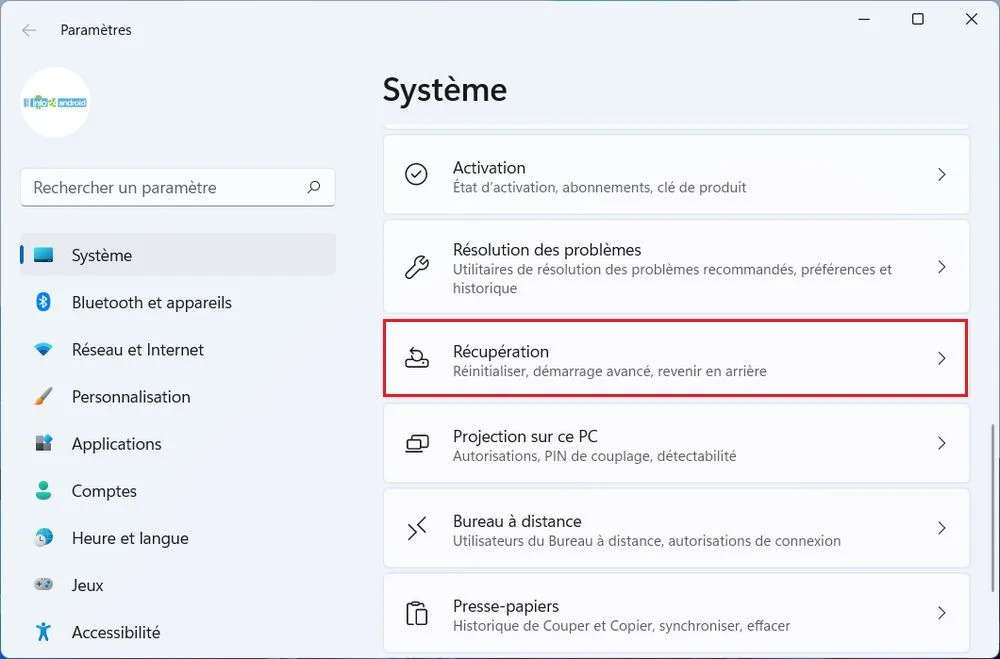 Paramètres Système Windows 11