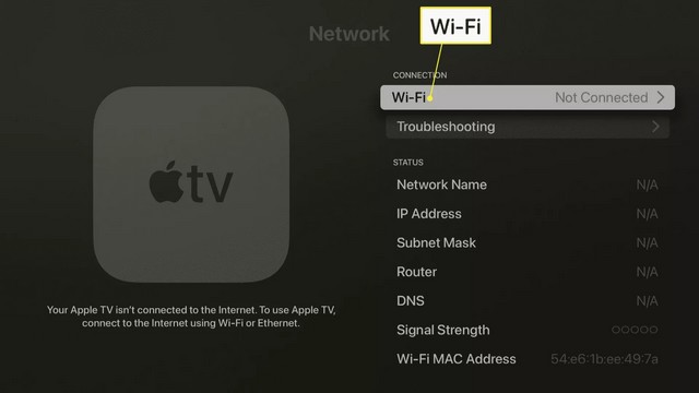 Sélectionne Wi-Fi sur Apple TV