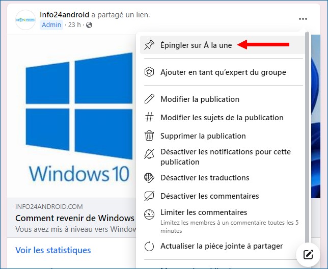 Sélectionner Épingler sur À la une