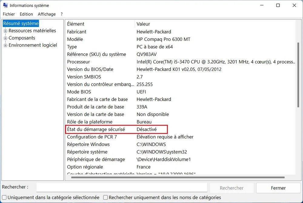 Vérifier si Secure Boot est activé sous Windows 11