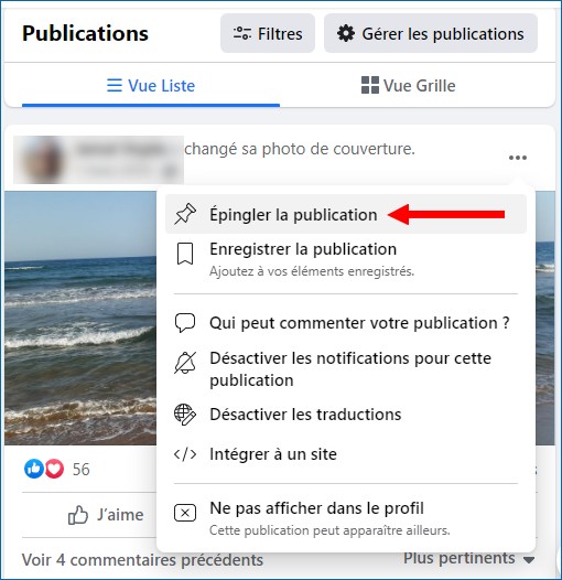 épingler une publication Facebook