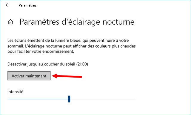 Activer éclairage nocturne de Windows 10