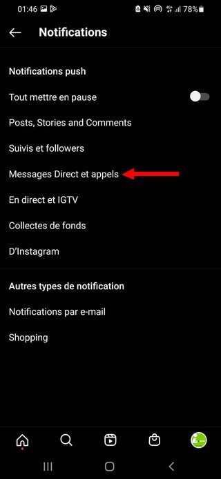 Appuyer sur Messages Direct et appels