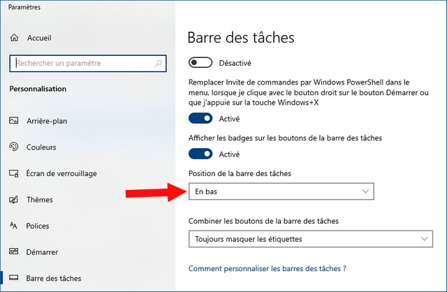 Déplacer la barre des tâches dans Windows 10