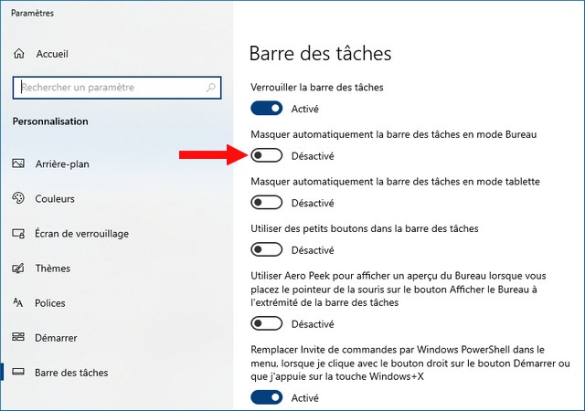 Masquer la barre des tâches Windows 10