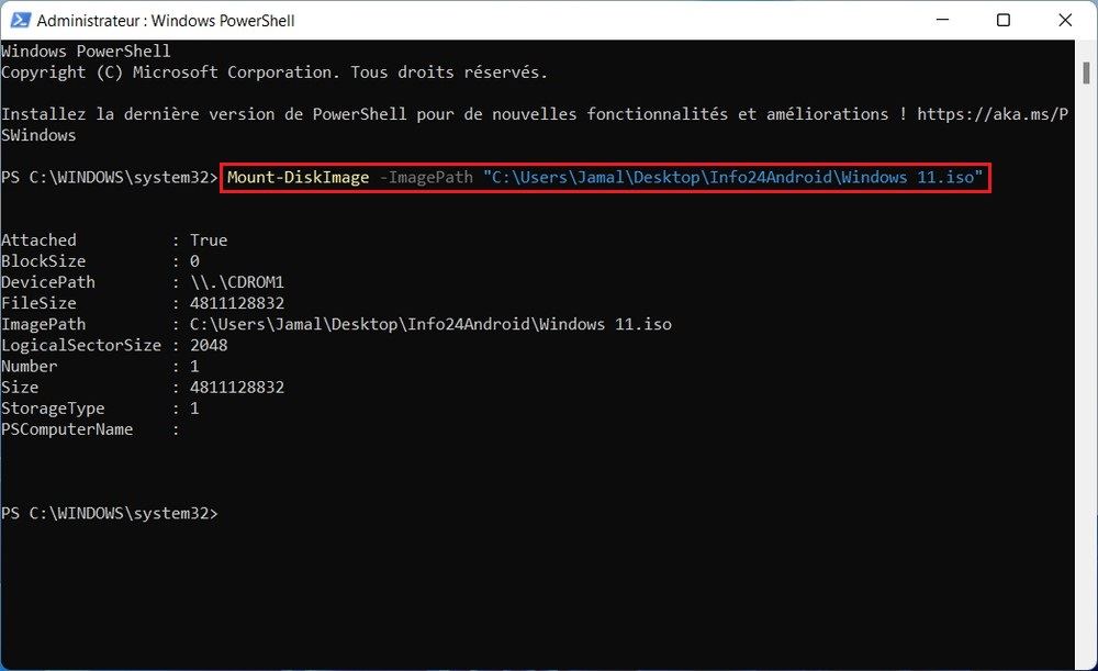 Monter un fichier ISO sous Windows 11 avec PowerShell