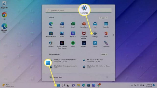 Sélectionner Paramètres Windows