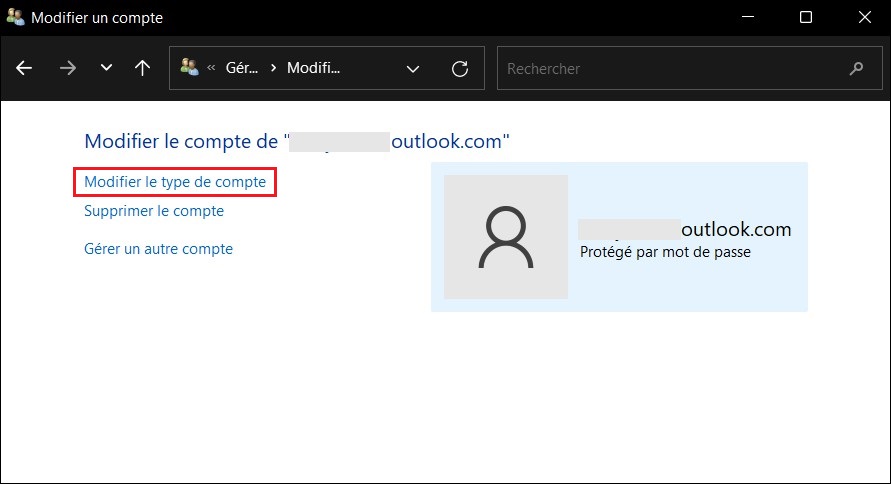 Changer le type de compte Windows 11