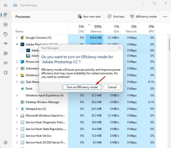 Cliquer sur Activer le mode efficacité