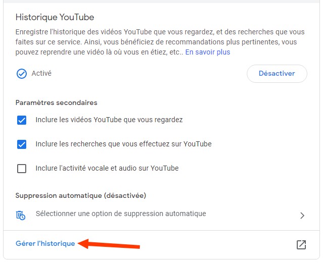 Cliquer sur Gérer l'historique