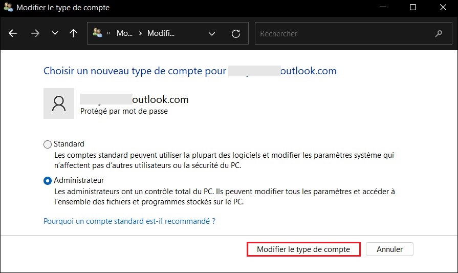 Modifier de type de compte de Windows 11