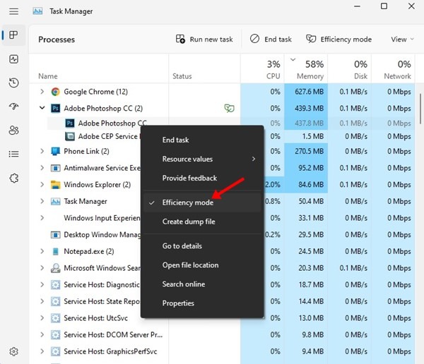 Désactiver le mode Efficacité