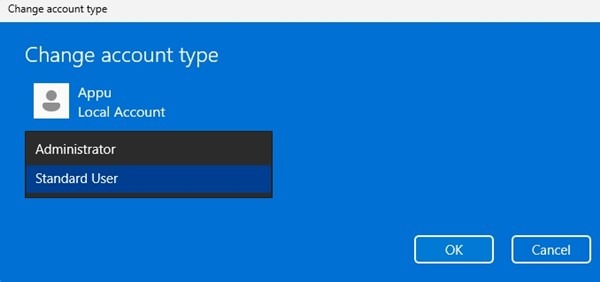 Modifier le type de compte sur Windows 11