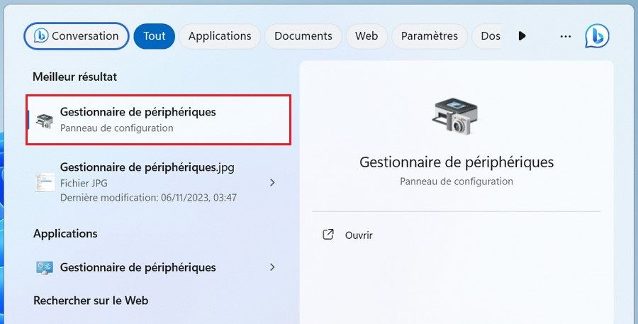 Ouvrer l'application Gestionnaire de périphériques