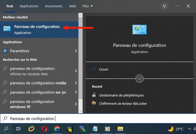 Ouvrer le Panneau de configuration