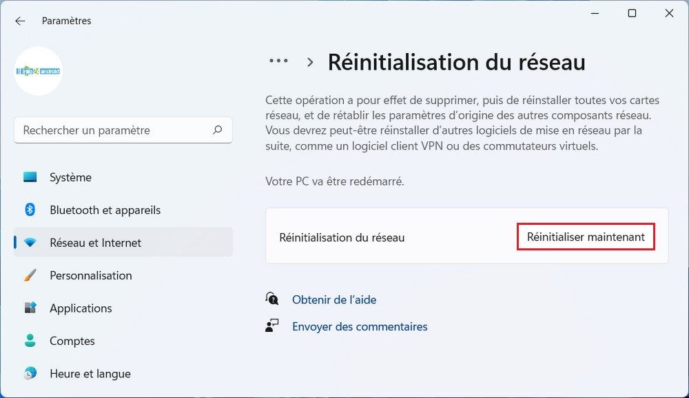 Réinitialiser les paramètres réseau de Windows 11