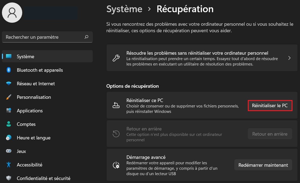 Réinitialiser votre PC