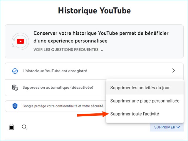 Supprimer historique recherche YouTube