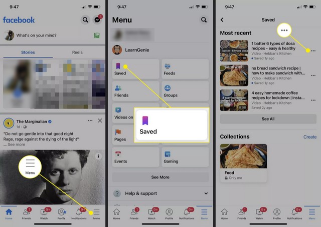Trouver les publications enregistrées dans l'application