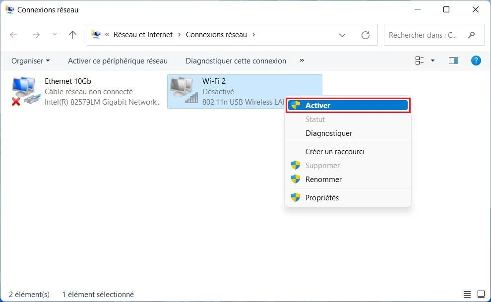 Activer la carte réseau Wi-Fi