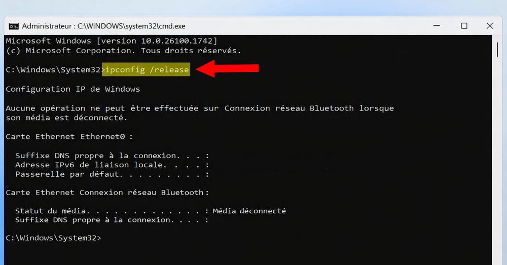 Commande ipconfig-release - Windows 11