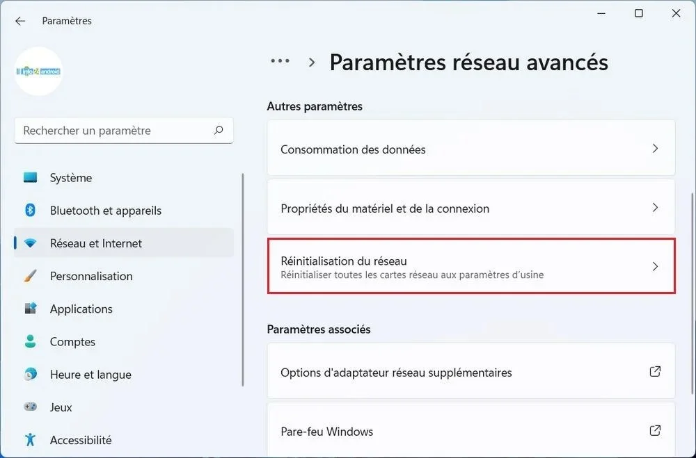 Paramètres réseau avancés