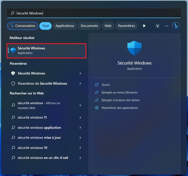 Recherchez Sécurité Windows