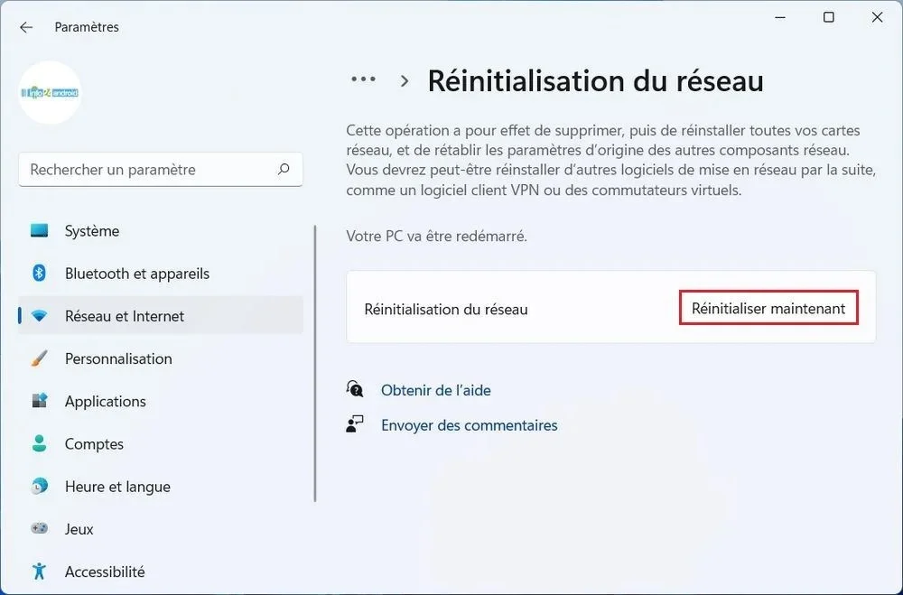Réinitialiser les paramètres réseau