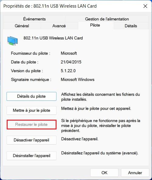 Restaurer le pilote Wi-Fi à la version précédente