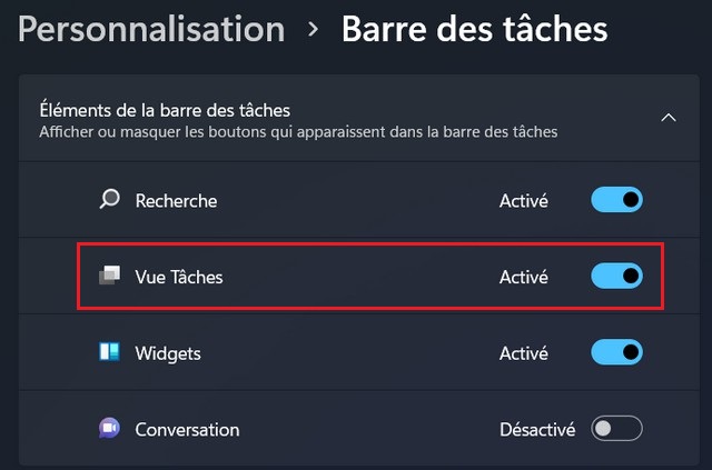 Activer Vue Tâches