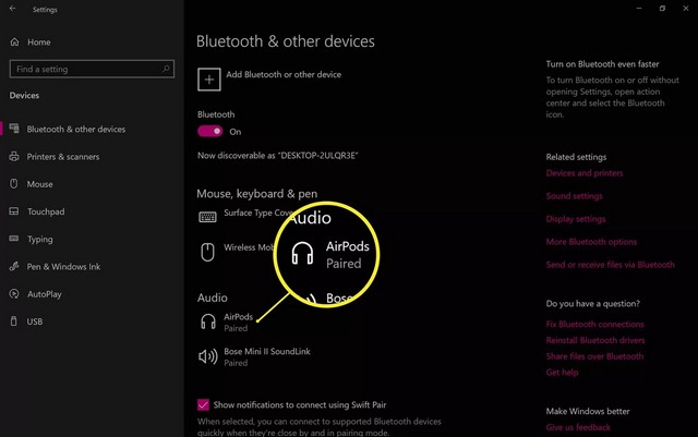 Connecter des AirPods à un PC Windows 10