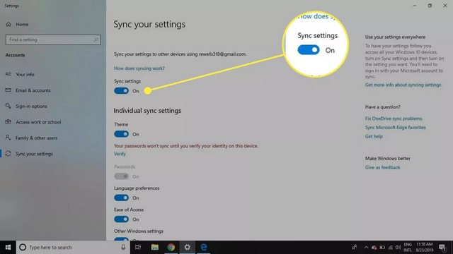 Paramètres de synchronisation sur Activé
