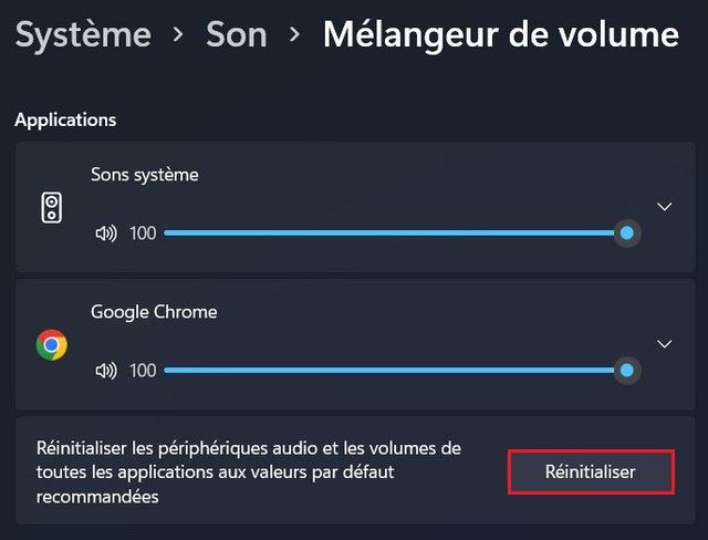 Réinitialiser les paramètres audio