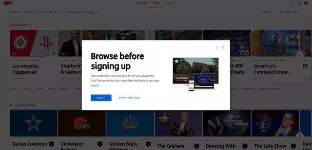 Sélectionner Compris pour parcourir YouTube TV