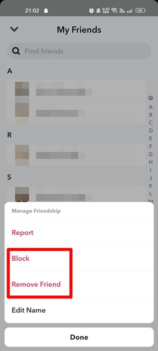 Select the Remove Friend option