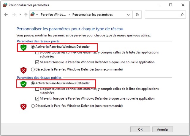 Activer le pare-feu à partir du panneau de configuration