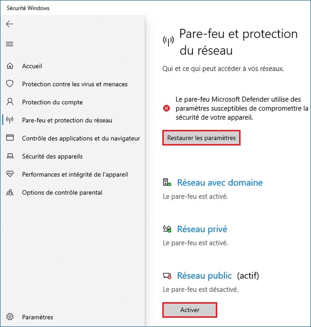 Activer le pare-feu sur Windows 10