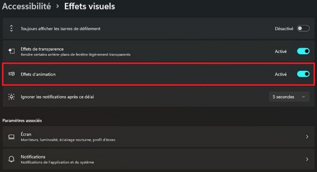 Activer les effets visuels de Windows 11